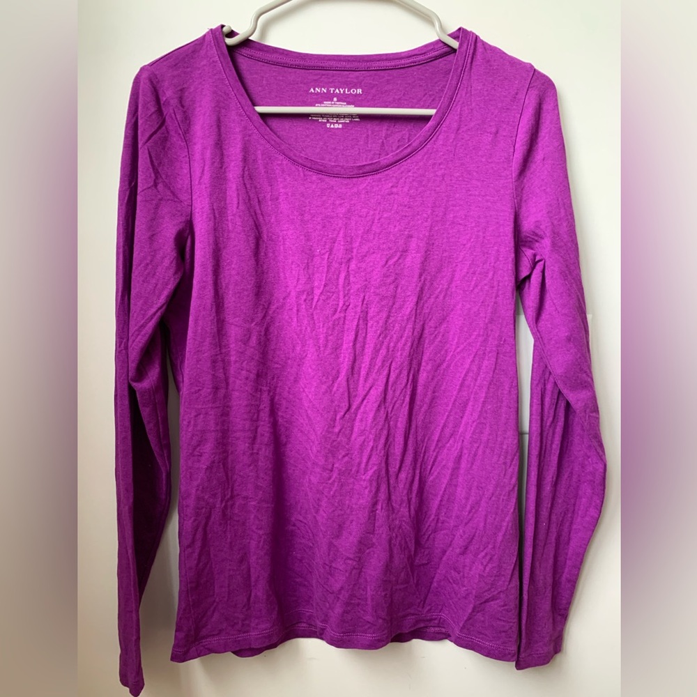 ANN TAYLOR Women’s Purple Rounded Neck Long Sleeve Tee Shirt Blouse - Picture 3 of 4